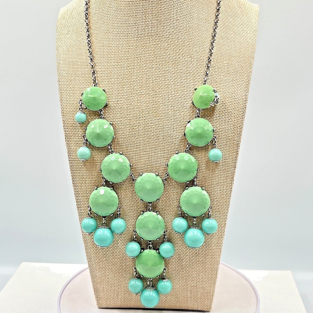 VTG Mint & Teal Statement Bib Necklace Silver Tone Boho Chunky Beaded Jewelry‎